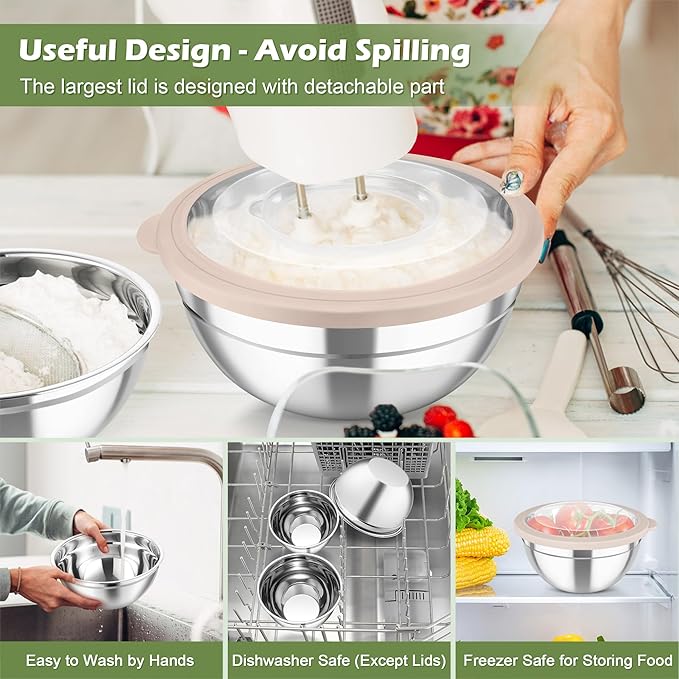 TeamFar Mixing Bowls, 3PCS Stainless Steel Serving Salad Bowls with Lids & 3 Graters, For Kitchen Mixing/Baking/Storing/Prepping, Visible & Airtight, Easy Clean - 4.5/3 / 1.5 QT, Khaki