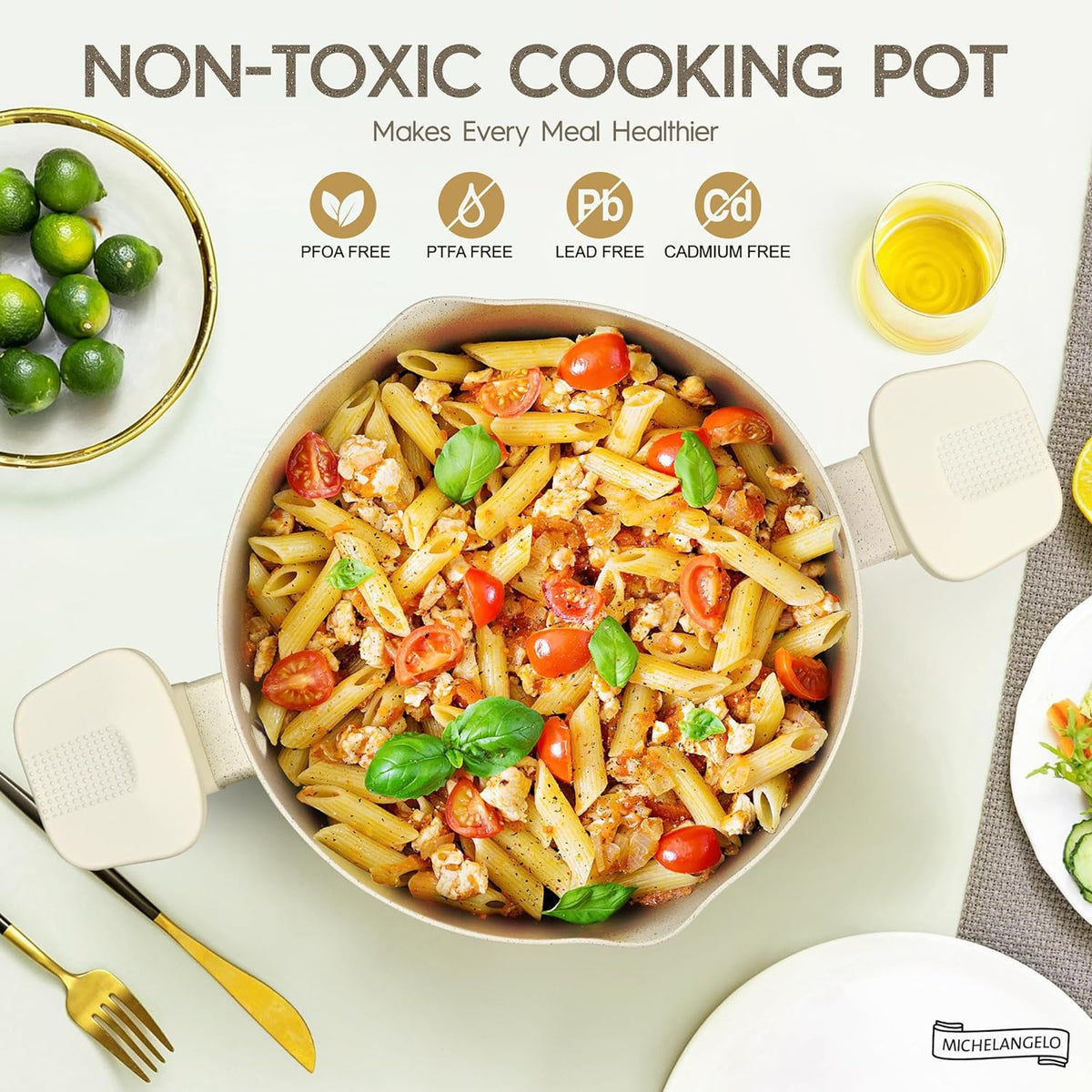 MICHELANGELO Pasta Pot with Strainer Lid - 6 Quart Multipurpose Pot with Twist and Lock Handles, Nonstick Soup Pot with Granite Coating, Induction Compatible, White