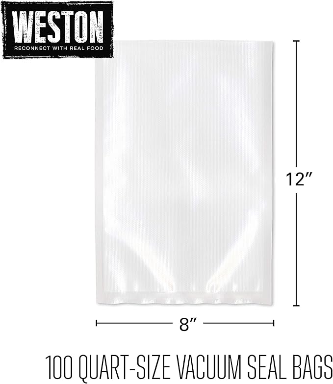 Weston Vacuum Sealer Bags for Food, 2 Ply 3mm Thick, for NutriFresh, FoodSaver & Other Heat-Seal Systems, for Meal Prep and Sous Vide, BPA Free, 8" x 12" (Quart), 100 count, Clear