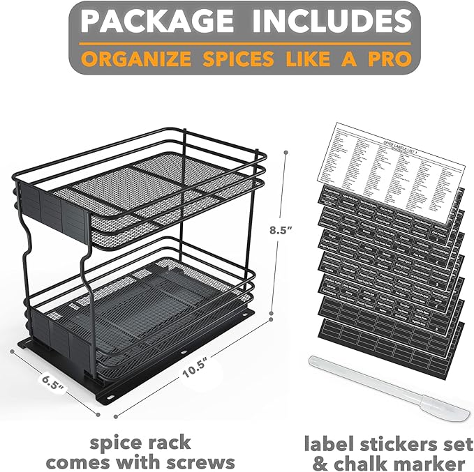 SpaceAid Pull Out Spice Rack Organizer for Cabinet, Heavy Duty Slide Out Seasoning Kitchen Organizer, Cabinet Organizer, with Labels and Chalk Marker, 6.5" W x10.75 D x8.5 H, 1 Drawer 2-Tier