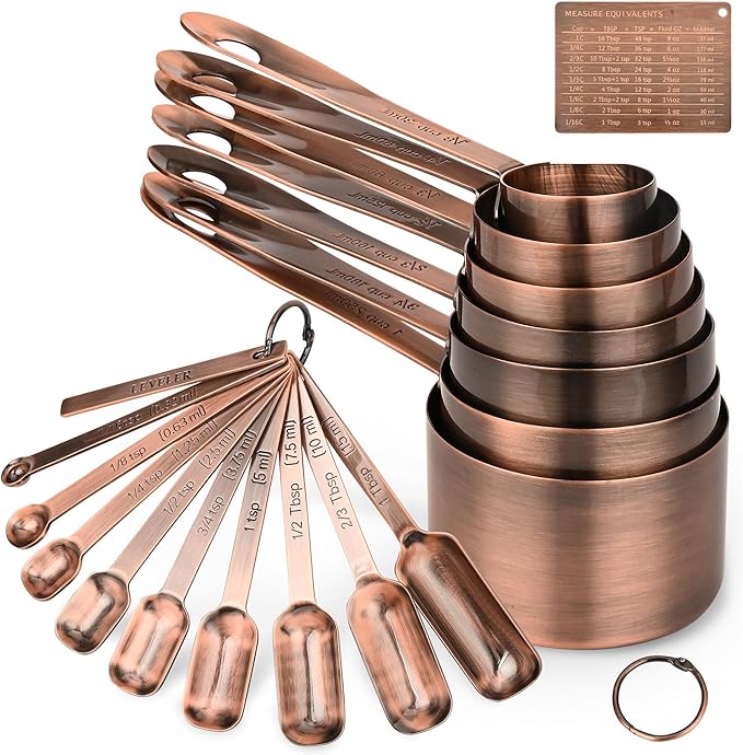 Copper Plated Measuring Cups and Spoons Set, Stainless Steel Measuring Cups and Spoons Set, 7 Kitchen Measure Cup, 9 Spice Measure Spoons, US&Metric Measuring Tools for Baking