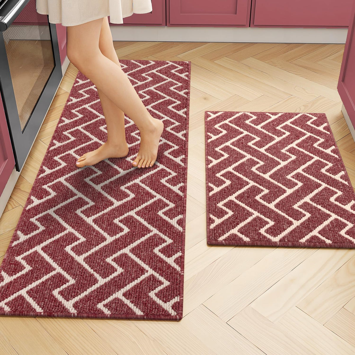hicorfe Kitchen Rugs and Mats Sets,2 Pieces Non-Slip Absorbent 100% Polypropylene Kitchen Mats for Floor,Comfort Kitchen Runner Mat,Washable for Kitchen,Sink,Laundry(20" x 31.5" Plus 20" x 48",Red)