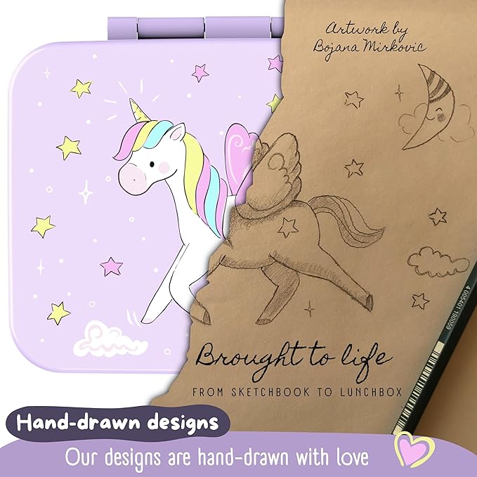 BEARFOOT Kids Lunch Box with Compartments – Compact & Lightweight | Leak-Proof, BPA-Free, Dishwasher & Microwave Safe | Hand-Drawn Design for Preschool, School, Travel (Unicorn Purple, 4 Cups)