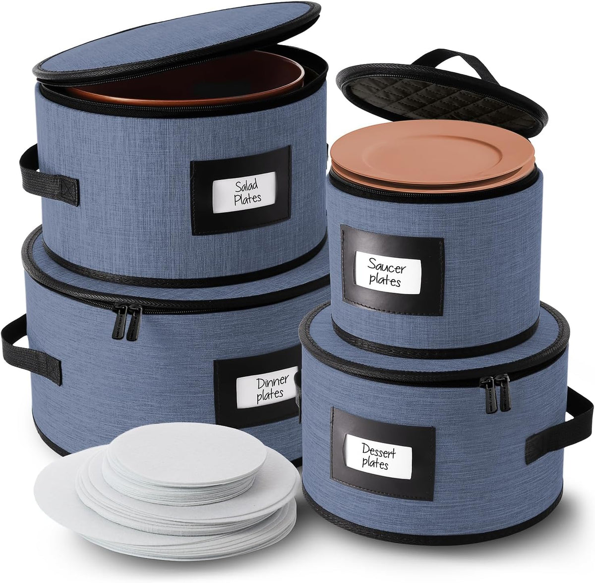 Fine China Storage Containers Hard Shell, 4 Piece Dish Storage Containers, Quilted Plate Containers, Stackable Dish Organizer with Dividers, Dinnerware Storage for Moving and Seasonal Storage, Blue