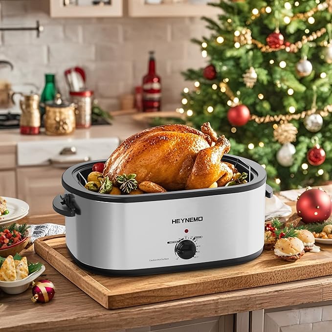 Roaster Oven 28 Quart, Electric Roaster Pan with Visible & Self-Basting Lid, Large Stainless Steel Electric Turkey Roaster Oven Defrost Warm Function, Removable Pan Rack, Fits Turkeys Up to 30LB