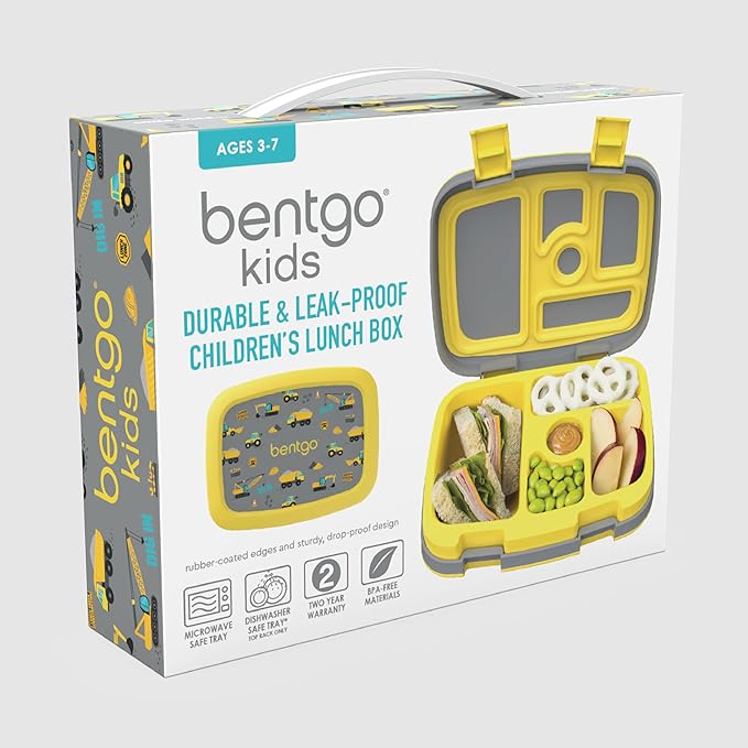 Bentgo Kids Prints Leak-Proof, 5-Compartment Bento-Style Kids Lunch Box - Ideal Portion Sizes for Ages 3-7, Durable, Drop-Proof, Dishwasher Safe, & PFAS & BPA-Free Materials (Construction Trucks)