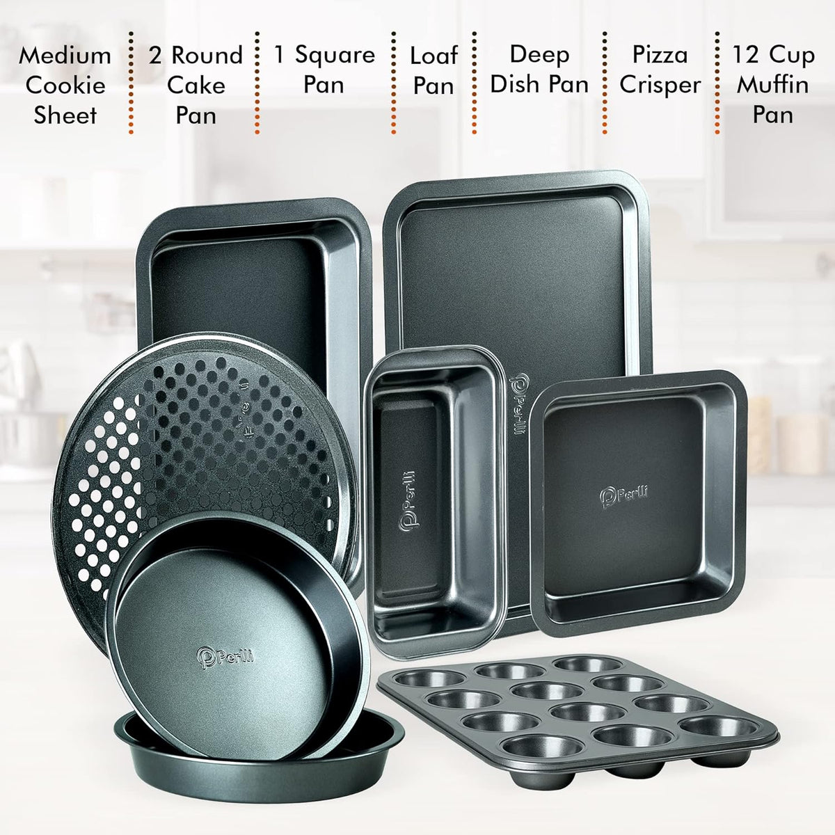 Perlli Baking Pan 8 Piece Set Nonstick Carbon Steel Gray Oven Safe Bakeware Kitchen Set, Cookie Sheet, 2 Round Cake Pans, Square Pan, Loaf Pan, Deep Dish Pan, Pizza Crisper, & 12 Cup Muffin Pan