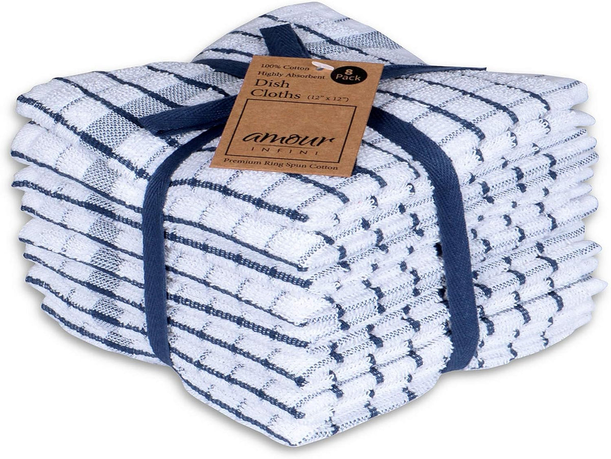 AMOUR INFINI Kitchen Dish Cloths Set of 8 - Ultra Soft, Highly Absorbent, Quick-Drying Terry Cotton Dishcloths 12"x12" Inch Wash & Cleaning Cloths for Kitchen & Dishwashing (Blue)
