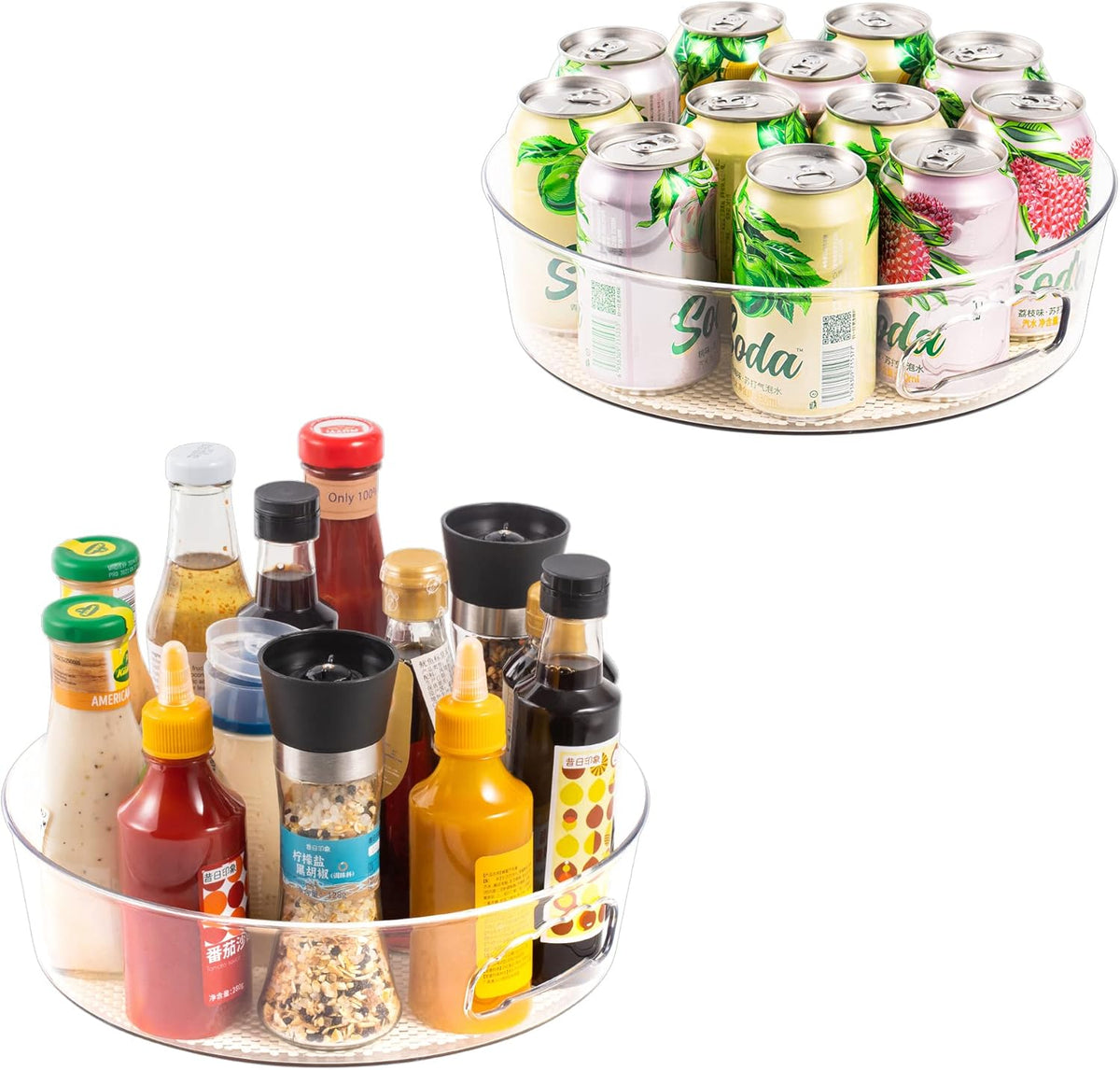 2 Pack Lazy Susan Cabinet Organizer with Handle 12 inch, Clear Spinning Lazy Susan Turntable for Pantry, Kitchen Sink, Corner Cabinet, Bathroom, Countertop, Non-Skid Liners Included, Free Rotating