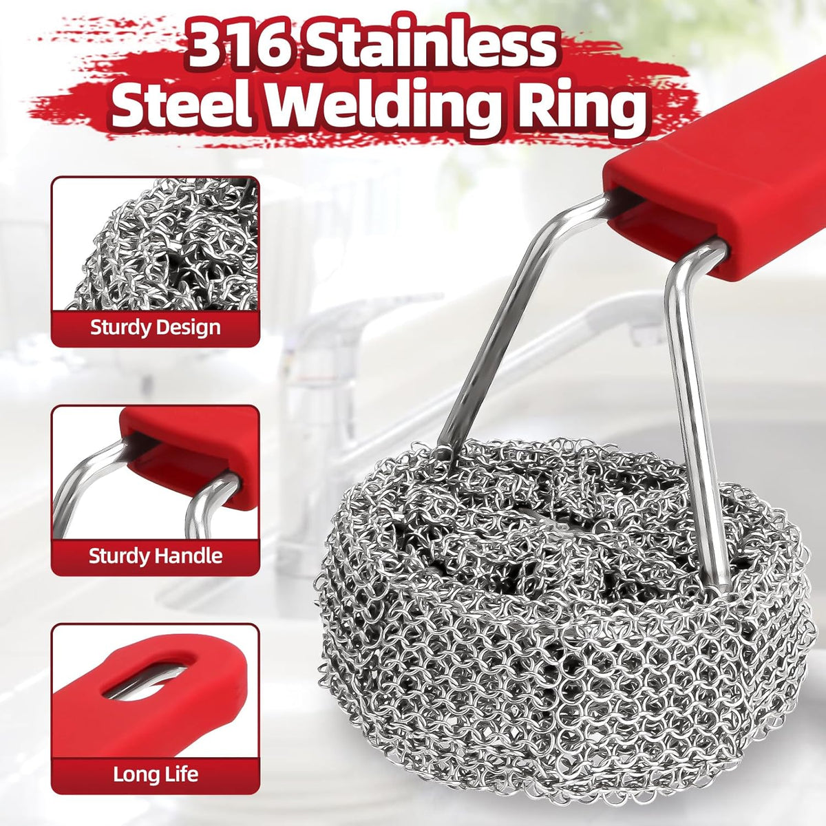 Cast Iron Chainmail Scrubber with Handle - Cleaner for Pans and Pots - Premium Stainless Steel/Silicone Scraper for Skillets - Ergonomic Food-Safe Design - Easy to Clean Cookware Dish Brush