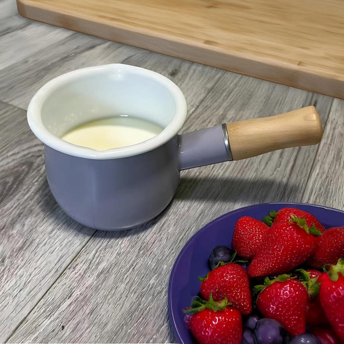 Mini Enamel Milk Pot, Mini Enamel Pot with Wooden Handle, Cute Purple Cookware for Sauce Soup, Dual Spouts Easy Pouring