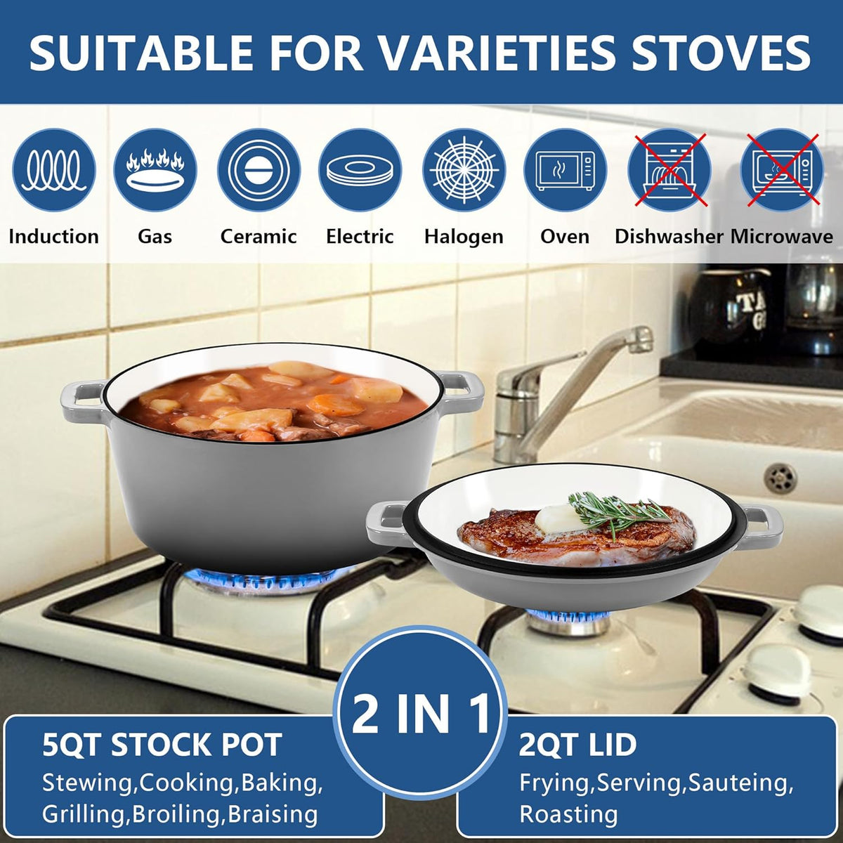 E-far 5 Quart Enameled Cast Iron Dutch Oven, 2 in 1 Dutch Oven Pot with Skillet Lid and Silicone Bread Sling, Ideal for Bread Baking, Cooking, Stewing, Frying, Induction & Oven Safe - Grey