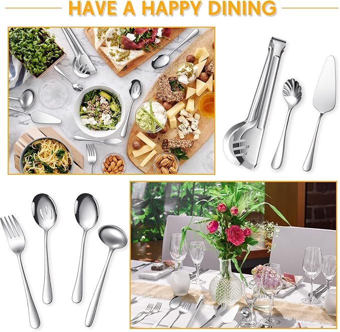 Patelai Serving Utensils Set Include Stainless Steel Large Spoons Slotted Spoons Forks Tongs Soup Ladle and Pie Server for Parties Buffet Catering, Dishwasher Safe(Silver,21 Pieces)