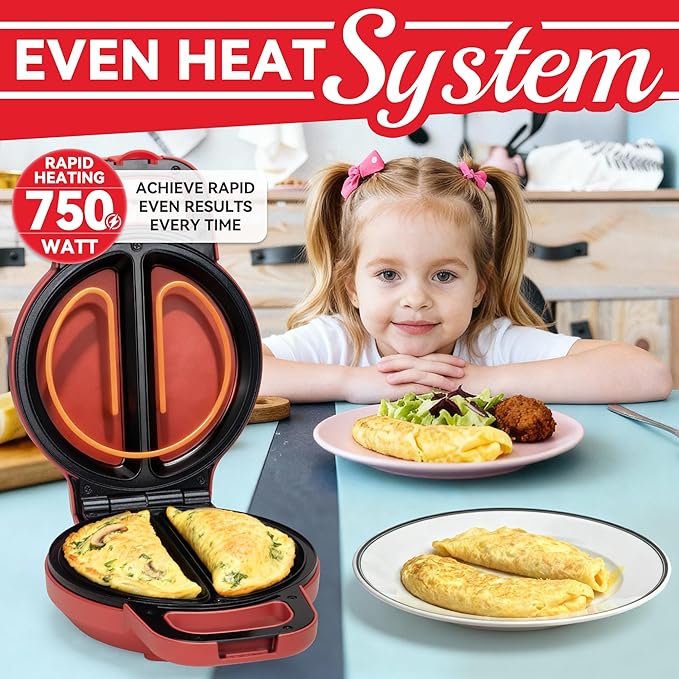SugarWhisk Flip Omelette Maker Electric, Omelette Pan Nonstick for 2 Individual 6.5" Omelets, Cooking Gadgets for Home, Omelet Maker with Ceramic Coating, Red