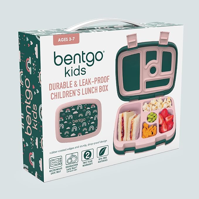 Bentgo Kids Prints Leak-Proof, 5-Compartment Bento-Style Kids Lunch Box - Ideal Portion Sizes for Ages 3-7, Durable, Drop-Proof, Dishwasher Safe, & PFAS & BPA-Free Materials (Green Rainbow)