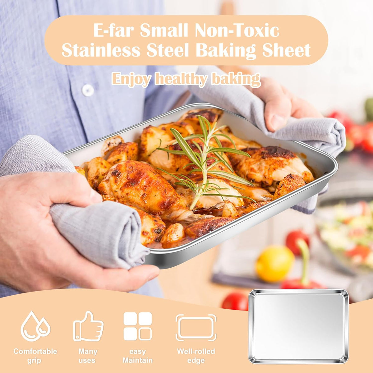 E-far Mini Toaster Oven Tray, 9.4”x7.3” Stainless Steel Baking Cookie Sheet, Small Non-toxic Metal Baking Pan for Cake, Rust Free & Warp Free, Mirror Finish & Dishwasher Safe, 1 Pack