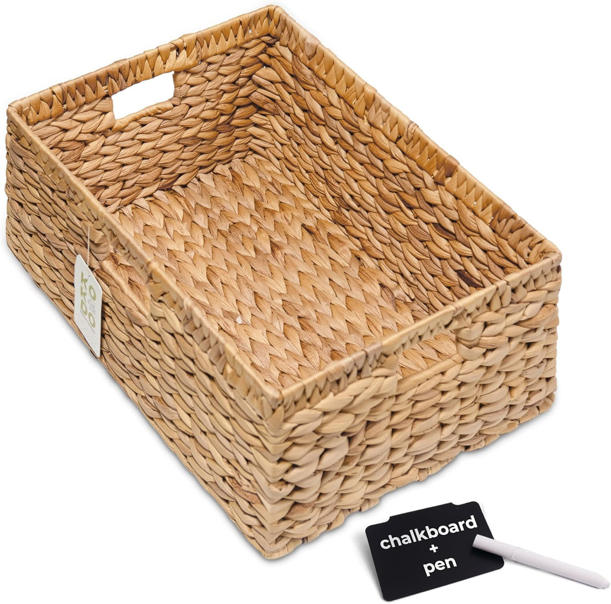KOKODO 16.5"Lx13"W Large Wicker Storage Baskets with Chalkboard, Stylish and Durable Water Hyacinth Rectangle Handwoven Basket Bin with Metal Frame & Handle for Room Organizing