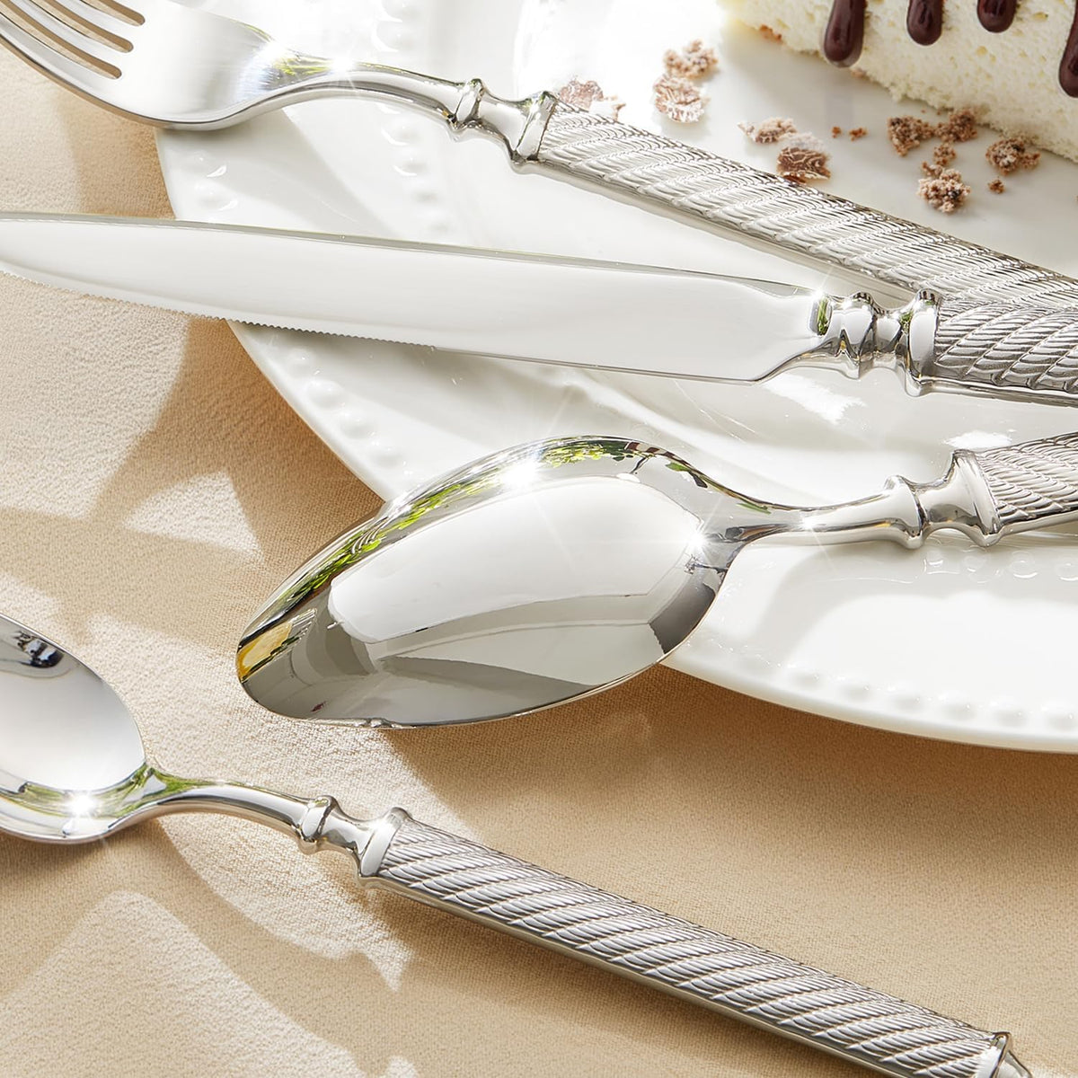 KINGSTONE Retro Rope-Pattern Silverware Set, 10-Piece Flatware Set Cutlery Set Forged with Handcrafted Texture Handles 18/10 Stainless Steel, Dishwasher Safe