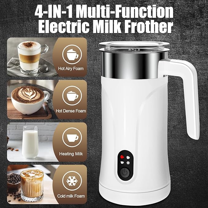 Milk Frother, 4-in-1 Milk Frother and Steamer, 10.1oz/300ml Automatic Hot and Cold Foam Maker and Milk Warmer, Electric Milk Frother for Coffee, Latte, Cappuccino, Matcha(White)