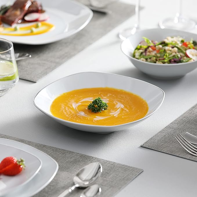 MALACASA Dinnerware Sets, 24 Piece Porcelain Square Dishes, White with Silver Rim Plates and Bowls Sets, Ceramic Dish Set for 6, Chip Resistant Dishware Sets, Series ELISA
