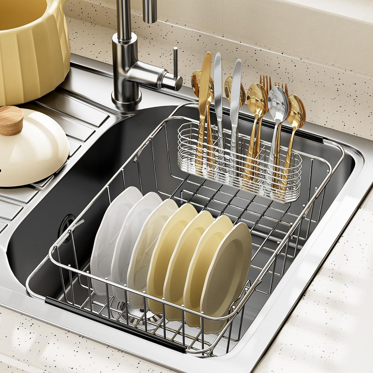 JAQ Utensil Holder for Sink, Sus304 Stainless Steel Rust Free Silverware Cutlery Flatware Holder Rack Organizer with Hooks for Dish Drying Rack Sink Dish Drainer in Kitchen Bathroom