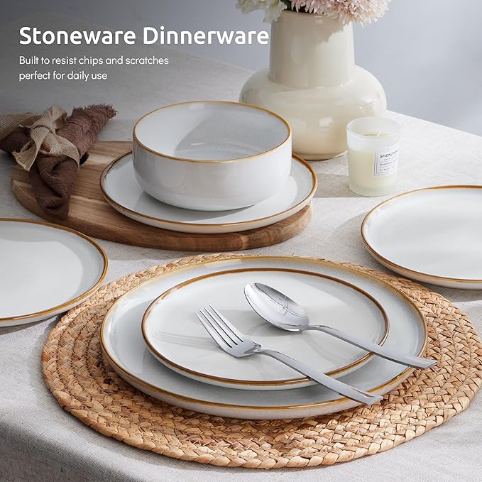 E-far Plates and Bowls Set for 4, 12-Piece Stoneware Dinnerware Sets, Ceramic Dinning Ware Reactive Glaze Dishes Set, Microwave & Dishwasher Safe - Seashell White