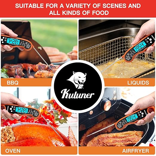 KULUNER TP-01 Waterproof Digital Instant Read Meat Thermometer with 4.6 Folding Probe Backlight Calibration Function for Cooking Food Candy, BBQ Grill, Liquids,Beef(Orange)