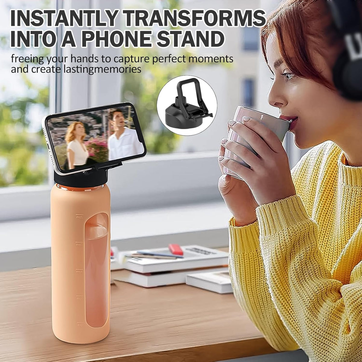 32oz Glass Water Bottle with Straw and 2 Lids- Bamboo Straw and Spout Lid with Phone Holder for Gym, Glass Drinking Bottles with Silicone Sleeve and Motivational Time Marker, Amber