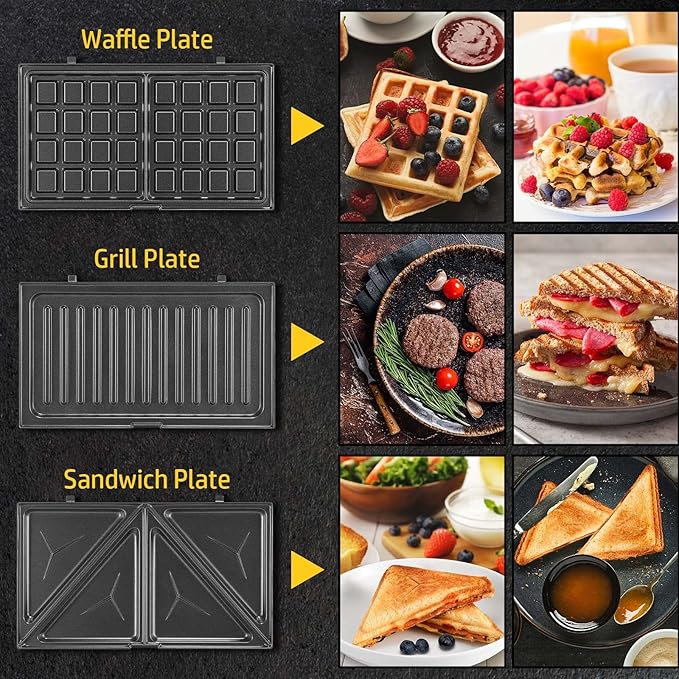 OSTBA 3-in-1 Sandwich Maker with Removable Plates, Panini Press, Waffle Maker, Non-Stick, 750W Compact Breakfast Grill for Sandwiches, Waffles, Steak, Black