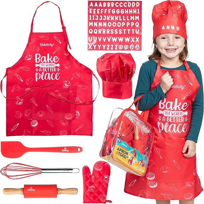 Baketivity Kids Chef Hat and Apron Set for Boys & Girls - One Size Fits All (Adjustable) - Premium, Washable Apron and Hat Set for Cooking - Young Chefs & Junior Bakers Chef Outfit for Kids