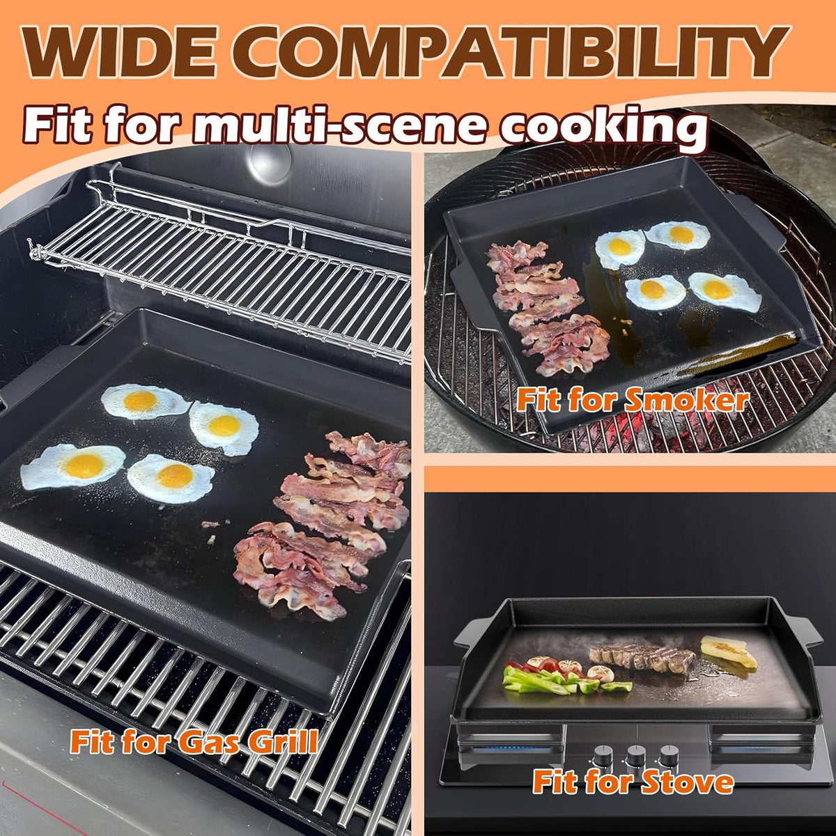 Universal Cast Iron Griddle 18.6" x 14", Pre-Seasoned Nonstick Flat Top Grill Griddle Plate for Outdoor Gas Grill/Charcoal Grill/Stove Top with Extra High Sidewall & Grease Groove, for Camping
