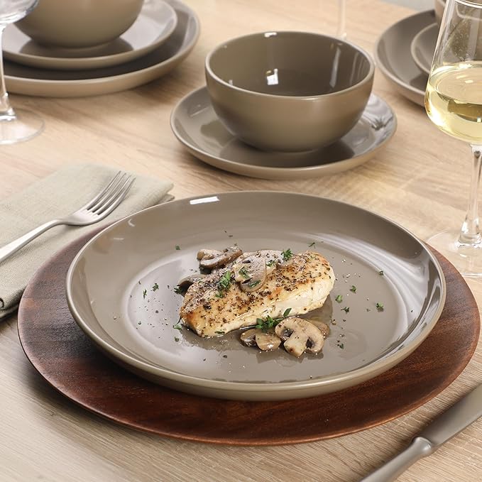 Gibson Home Rockaway 12 Piece Plates and Bowls Matte Outside/Shiny Inside Glaze Service for 4 Dinnerware Set - Brown - Dishwasher and Microwave Safe