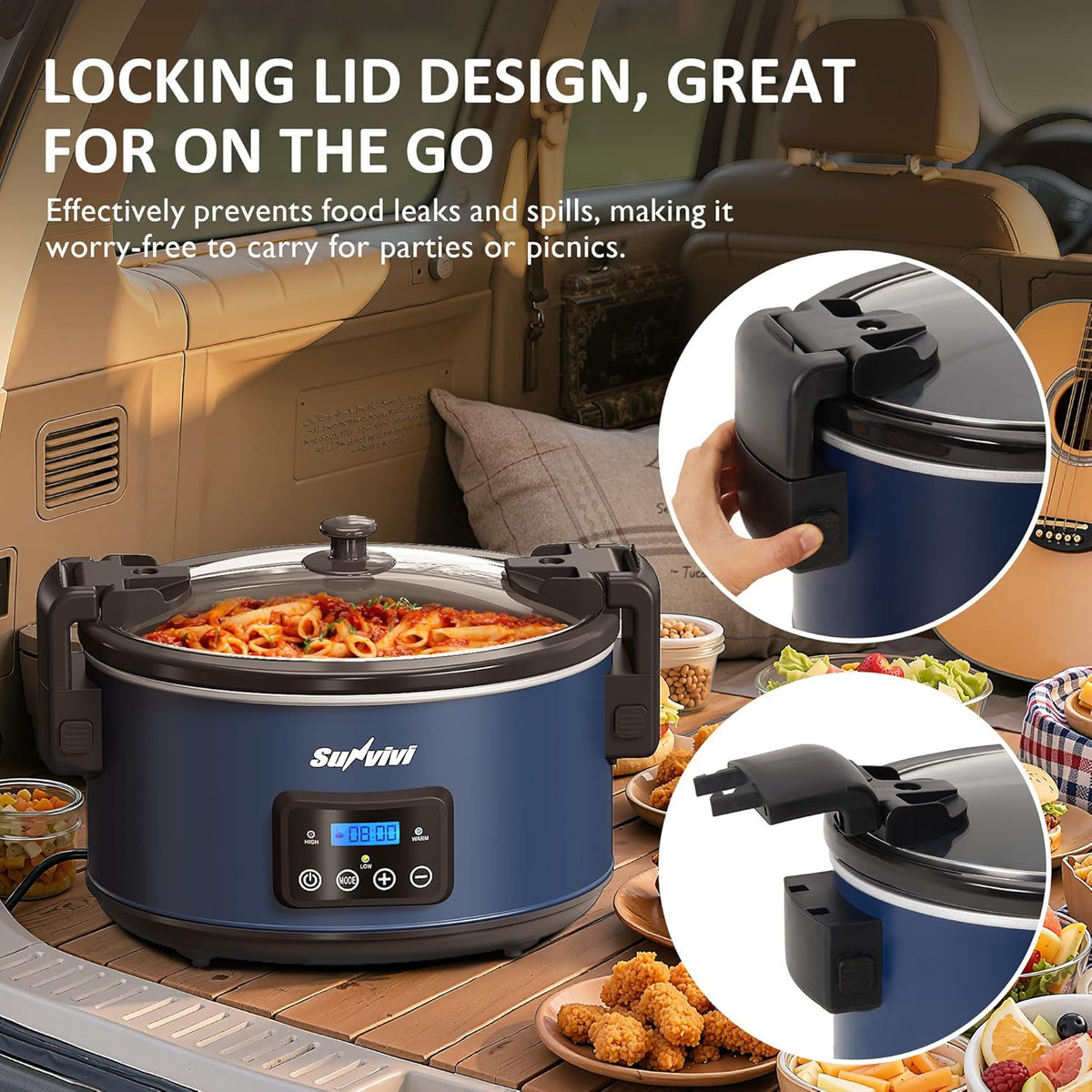 Sunvivi 8.5 Quart Programmable Slow Cooker: Multi-Cooker Food Warmer with Locking Lid & Digital Timer, Adjustable Tempature Control, Dishwasher Safe, Perfect for Families and Gatherings, Blue