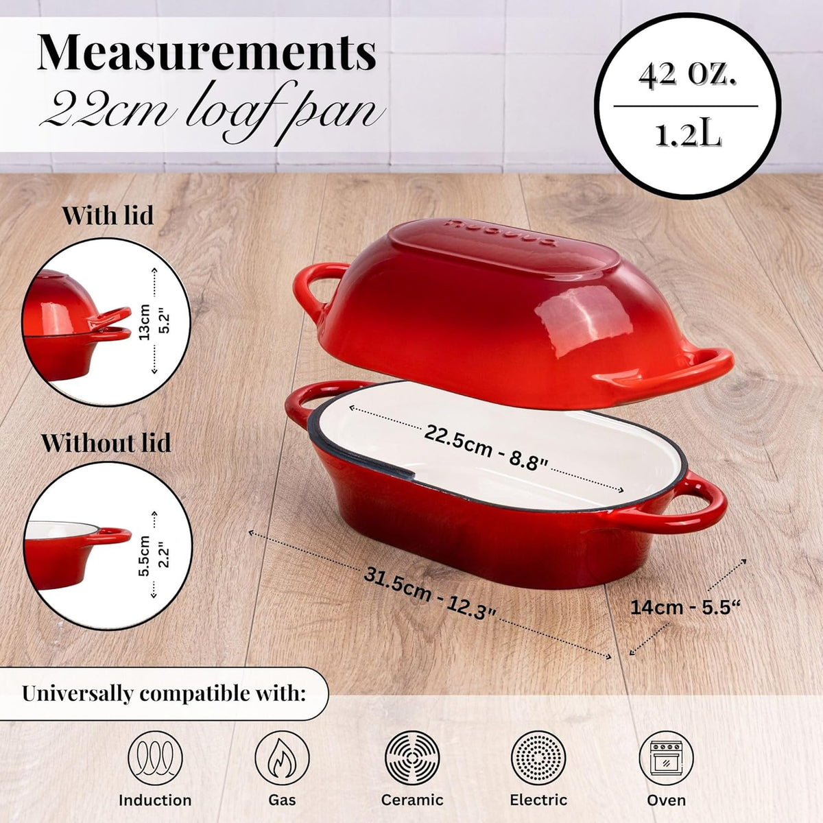 Dutch Oven For Sourdough Bread Baking – Enamelled Cast Iron Bread Loaf Pot – Oven Safe Non Stick Bread Pot – Rectangular, Red, 24cm x 16cm – by Nuovva