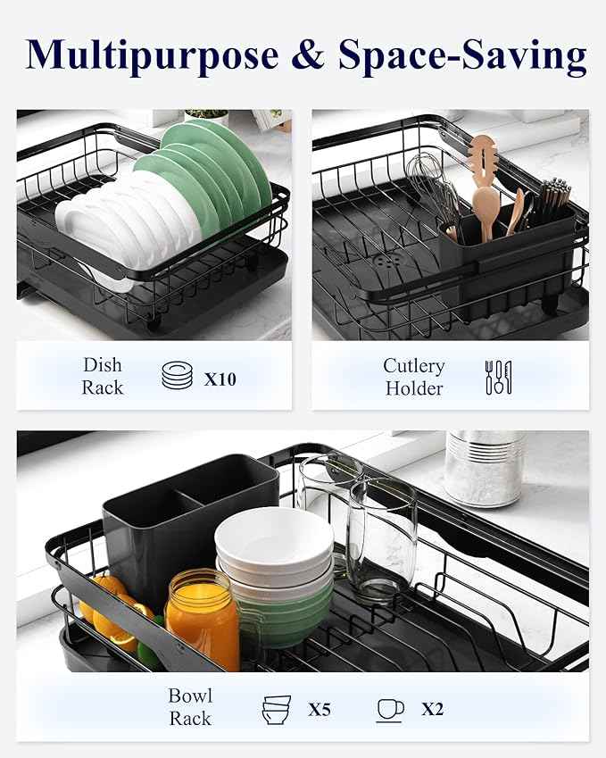 Kitsure Dish Drying Rack for Kitchen Counter, Stainless Steel Sink Organization and Storage Essentials with Cutlery Holder, Home and Appartment Decor, 12.2''W x 15.7''~23''L, Black