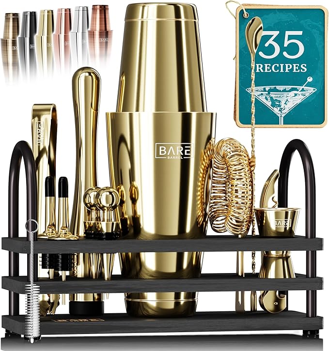 BARE BARREL® Mixology Bartender Kit Bar Set | 14-Piece Cocktail Shaker Set | Martini Barware Mixing Tools for Home Bartending | 35 Recipe Cards | Gift Set (28oz Boston Shaker, Gold/Black)