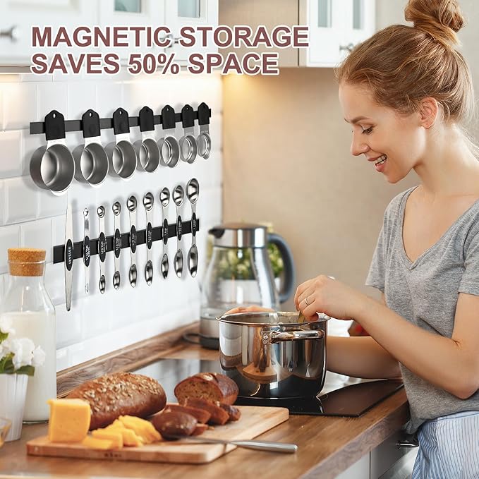 16-Piece Stainless Steel Measuring Cups and Spoons Set, Strong Magnetic Nesting Design 7 Cups 8 Spoons with Leveler, Double Measurement Markings for Dry & Liquid Ingredients, Black