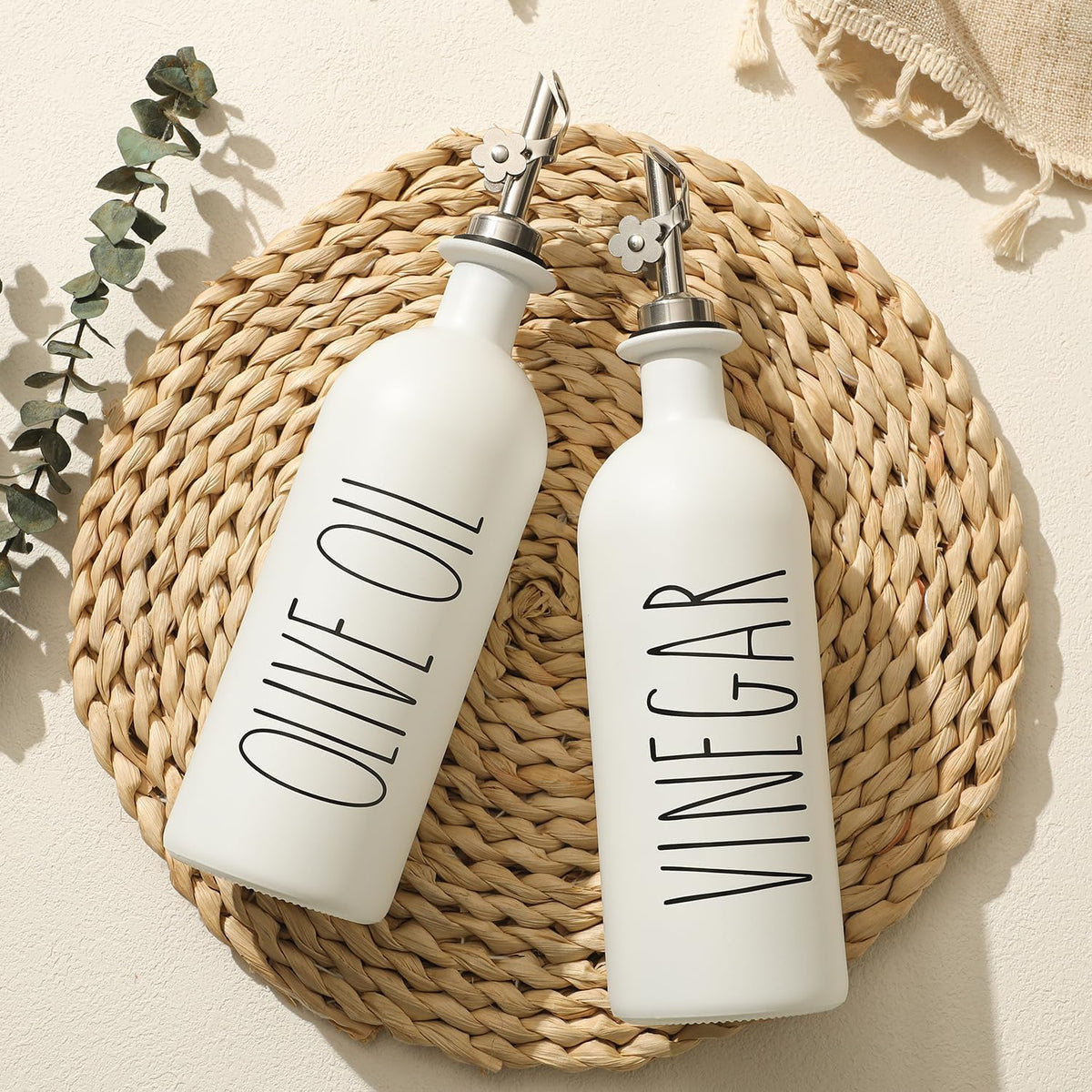 HOMCDALY 16oz Olive Oil Dispenser Bottles for Kitchen, White Oil and Vinegar Dispenser Set, Two Olive Oil Bottles with Bamboo Tray | Set of 2 (16oz-P-White)