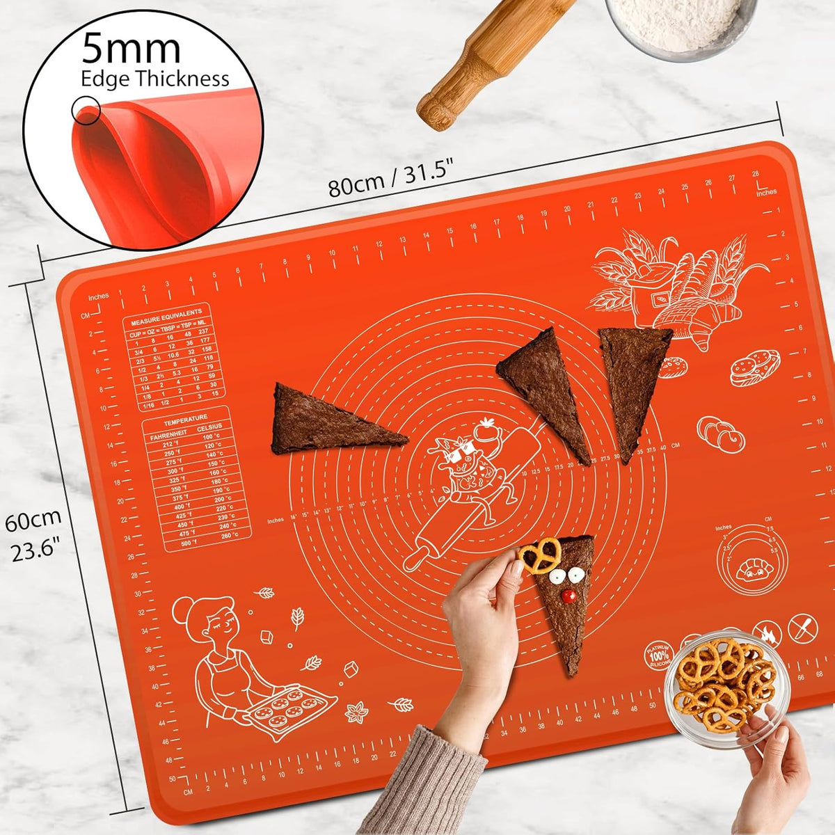 Silicone Baking Mat 32" x 24" Extra Thickness Dough Rolling Mat with Measurements and Edge Heightening, Non-stick Food Grade Silicone Pastry Mat for Pastry, Bread, Cookies, Pizza, Fondant, Pasta-Red