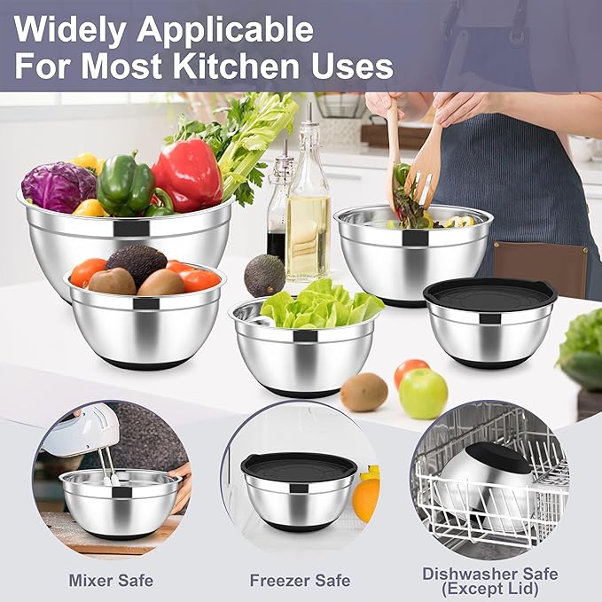 TeamFar Mixing Bowls, 6 PCS Stainless Steel Nesting Salad Bowl with Lids & 3 Graters, For Kitchen Cooking Serving Prepping, Airtight & Non-Slip, Size 4.6/3.5/2/1.5/1/0.7 QT, Black