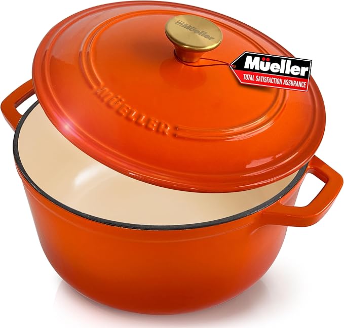 MUELLER HOME 6 Quart Enameled Cast Iron Dutch Oven for Bread Baking, Heavy-Duty Oven-Safe up to 500° F, & Across All Cooktops, House Warming Gifts New Home, Cast Iron Cookware, Gifts for Women, Orange
