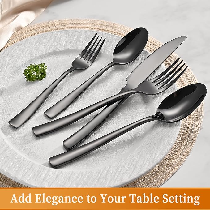 40-Piece Black Silverware Set, Heavy Duty Stainless Steel Flatware Cutlery Set Service for 8, Food-Grade Utensil Sets for Home Restaurant, Dishwasher Safe