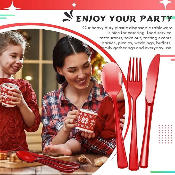 Minatee 150 Pieces Disposable Cutlery Set Plastic Silverware Heavy Duty Utensil Sets 50 Forks 50 Knives 50 Spoons for Home Office School Party Picnics Restaurant Outdoor Events(Red)