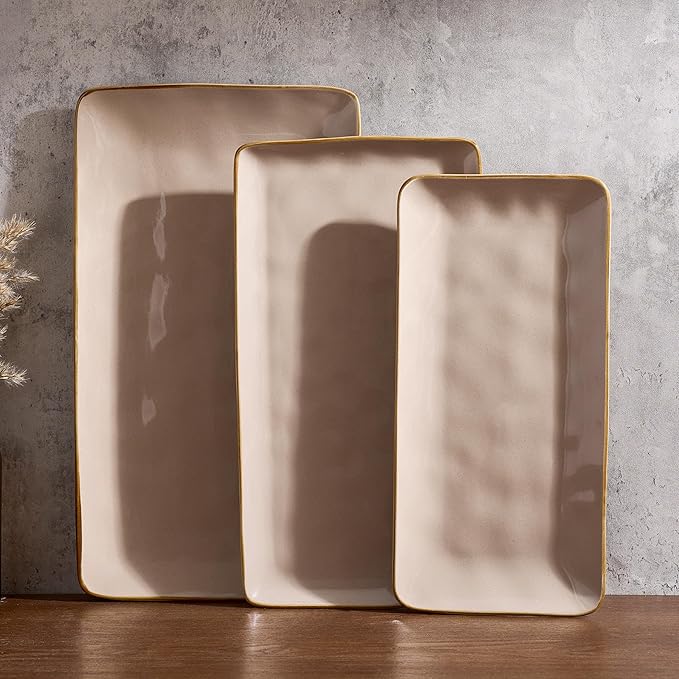 famiware Serving Platter, Rectangular 15.67/14.1/12.6 inch Serving Dishes for Entertaining, Microwave Dishwasher Safe, Stonware Serving Trays for Party, Turkey, Cheese, Ocean Series, Cinnamon Brown