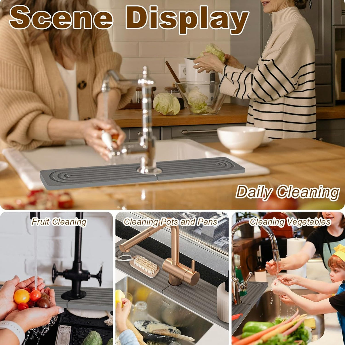 Faucet Mat for Kitchen Sink, Diatomite Super Absorbent Fast Drying Stone Sink Tray for Bathroom Kitchen Sink Splash Guard(Square Dark Grey,23.6x3.9in)