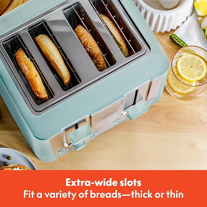 bella 4 Slice Toaster with Auto Shut Off - Extra Wide Slots & Removable Crumb Tray and Cancel, Defrost & Reheat Function - Toast Bread & Bagel, Stainless Steel and Aqua