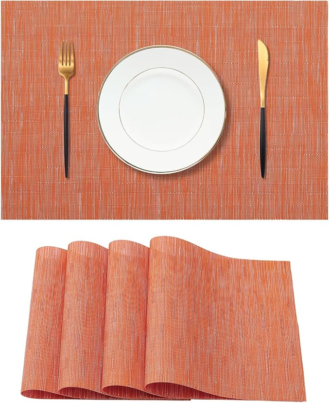 Leetaltree Orange Placemats Set of 4 - Heat Resistant Non-Slip Place mats for Dining Table, Washable Durable PVC Vinyl Woven Table Mats（Orange, 4）