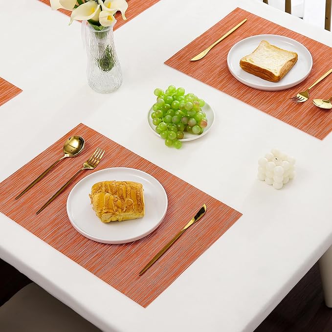 Leetaltree Orange Placemats Set of 8 - Heat Resistant Non-Slip Place mats for Dining Table, Washable Durable PVC Vinyl Woven Table Mats（Orange, 8）