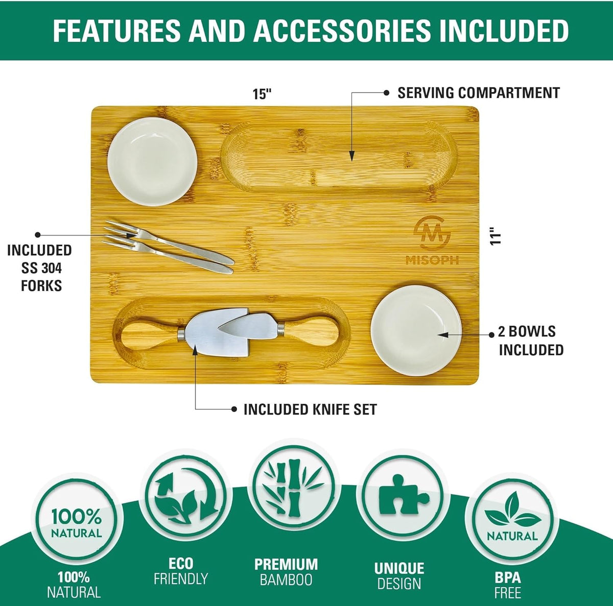 Bamboo Cheese Board with Knife, Bowl, Fork Set, Wood Charcuterie Platter & Food Serving Tray for Wine Glasses, Misoph Collection