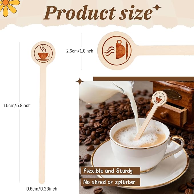 Wooden Coffee Stirrers 100-Pack Coffee Stir Sticks 5.9 Inch Natural Birch Stir Sticks with Round Ends, Disposable Stirring Sticks for Coffee, Cocktails, Milk & Hot Drinks